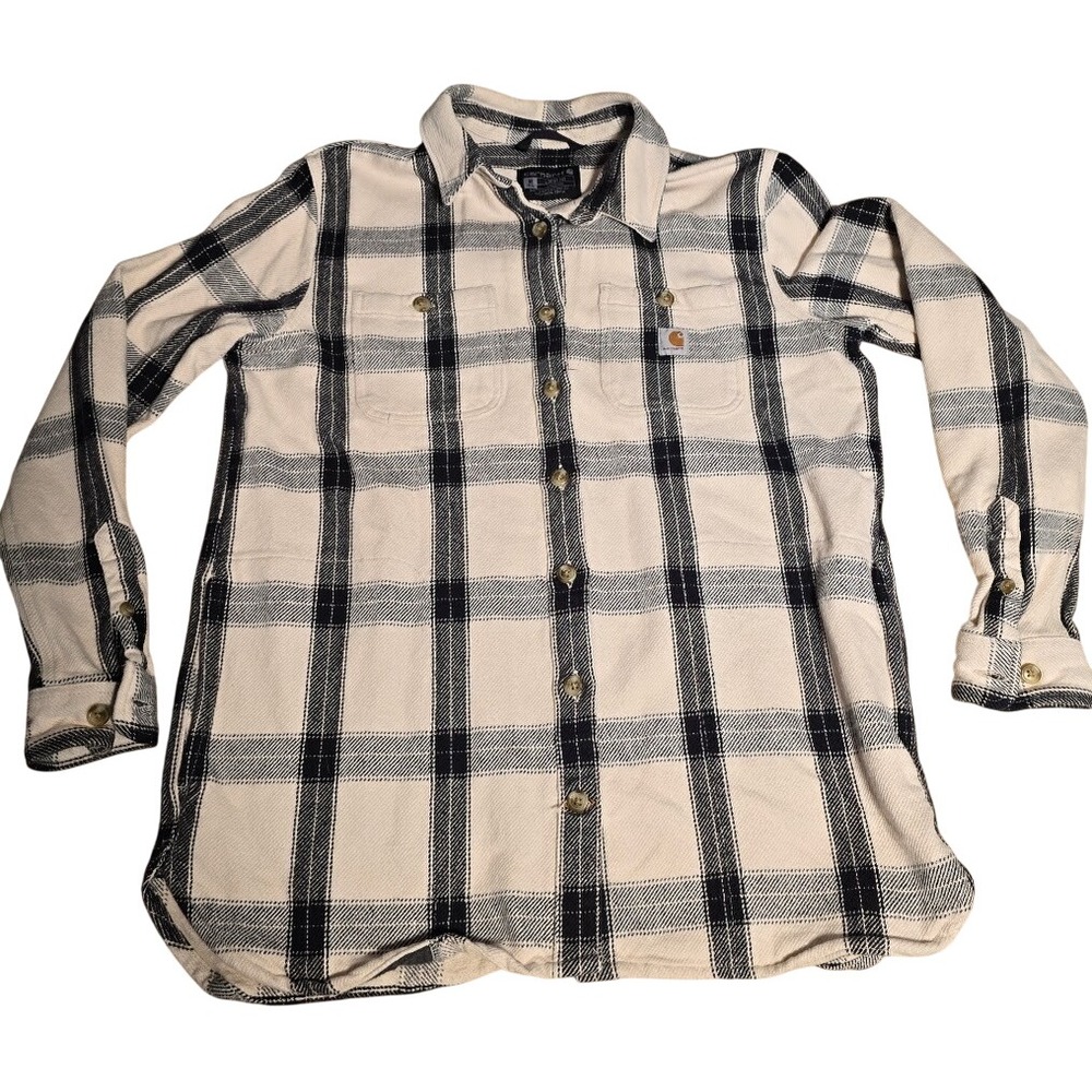 Carhartt Womens Plaid Flannel Shacket Loose Fit Cream Navy Blue Medium M 8-10